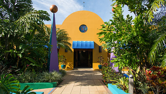 Unique sculptures and colorful buildings at Xandari resort and spa Costa Rica